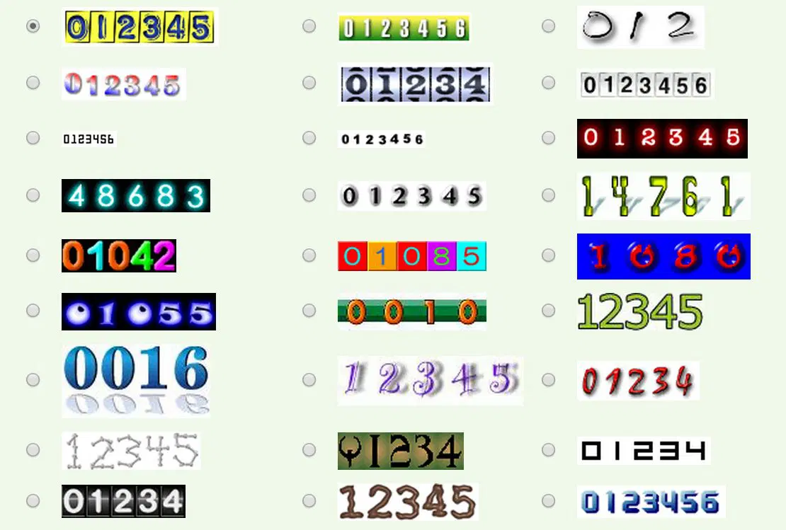 A hit counter service's menu of counter styles, with radio buttons beside digits in neon, 3D, handwritten and odometer designs