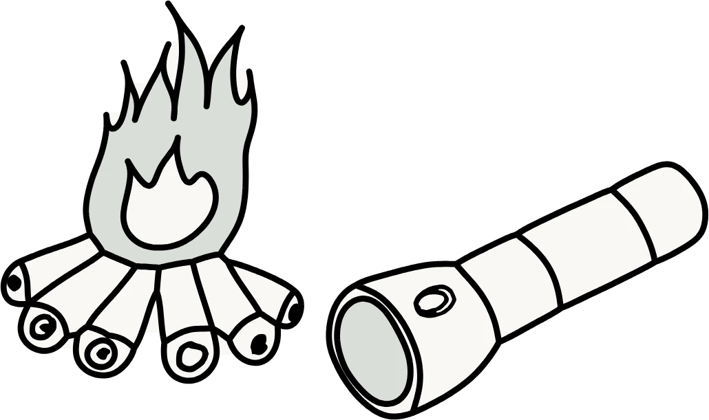 A hand-drawn bonfire of crossed logs with tall flames, beside a flashlight pointing up and away