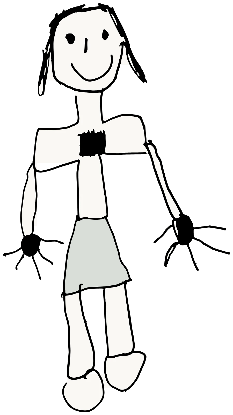 A hand-drawn smiling person with long hair, a dark heart on the chest, a tinted skirt and both hands open with outstretched fingers