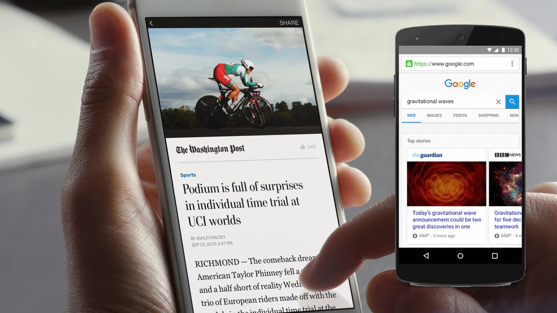 A hand holding an iPhone open on a Washington Post story inside Facebook's app, an Instant Article
