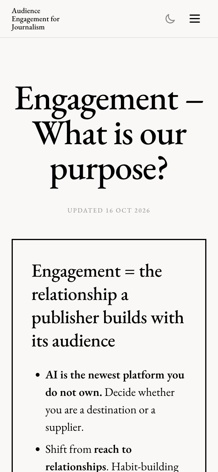 The top of the Engagement page on audienceengagementforjournalism.com on a phone, with the heading Engagement, What is our purpose?, and the summary box